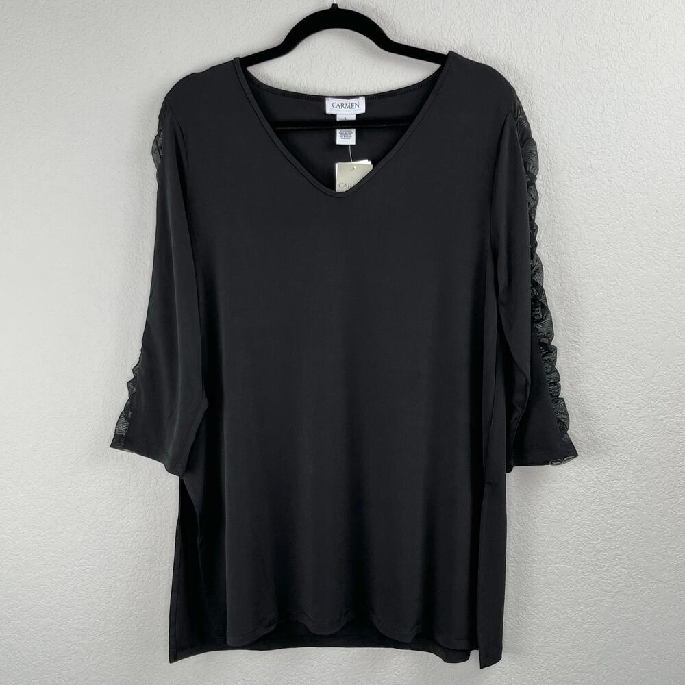 Carmen Marc Valvo Black V-Neck Sheer Mesh Sleeve Blouse NWT Large